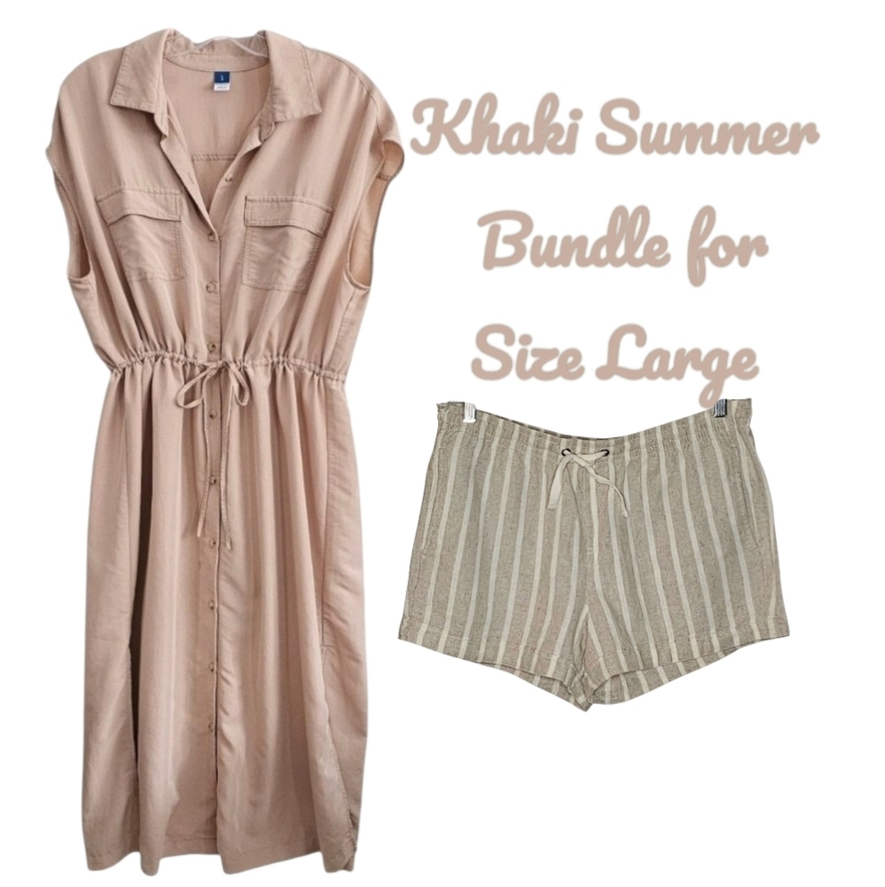 Khaki Sleeveless Shirt Dress and Khaki w White Stripes Linen Blend Shorts both L